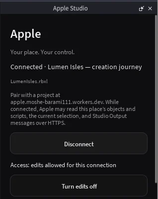 Apple's panel docked inside Roblox Studio, connected to a place named Lumen Isles, showing the access line and the control that turns edits off.