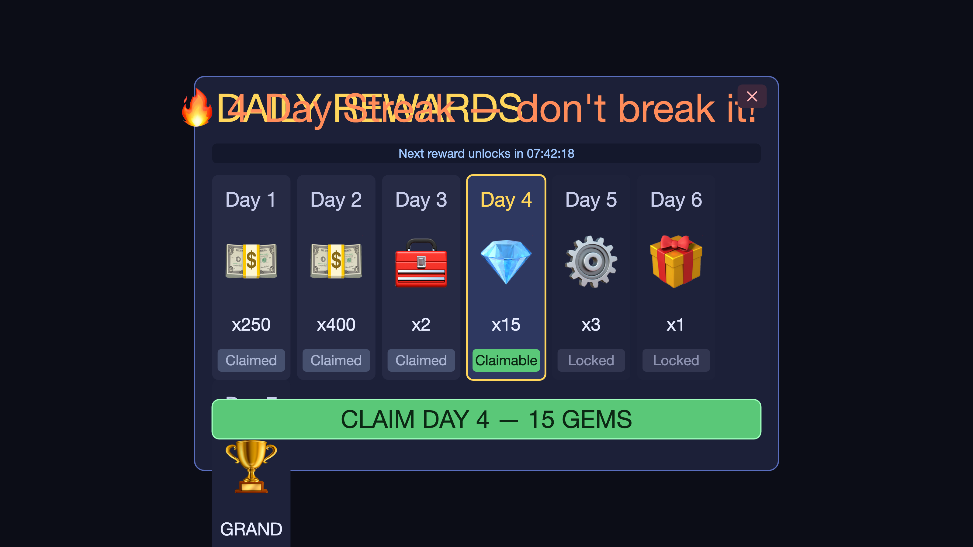 rewards screen built by the model
